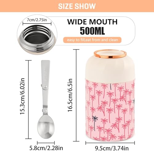 JUNZAN Palm Pink Black Kids Womens Insulated Food Jar Container with Spoon 17oz/500ml Keep Warm Food Containers Stainless Steel Vacuum Leakproof Thermo Flask for Keep Warm Food