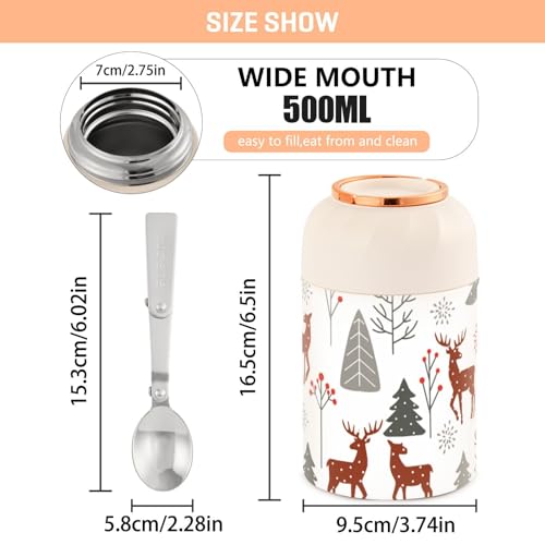 JUNZAN Christmas Spruces Deer Kids Womens Insulated Food Jar Containers with Spoon 17oz/500ml Containers With Lids Stainless Steel Vacuum Leak Proof Lunch Container for Keep Food Hot