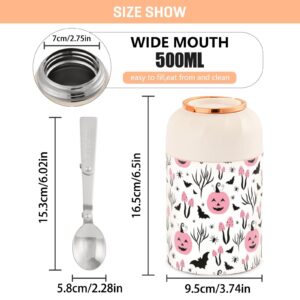 JUNZAN Pink Pumpkin Halloween Kids Womens Insulated Food Jar with Spoon 17oz/500ml Hot Lunch Container Stainless Steel Vacuum Leak Proof Thermo Flask for Insulated Hot Food