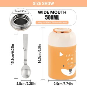 JUNZAN Cute Simple Animal Fox Kids Womens Insulated Food Jar Containers with Spoon 17oz/500ml Lunch Containers For Hot Food Stainless Steel Vacuum Leakproof Lunch Boxes for Lunch Accessories