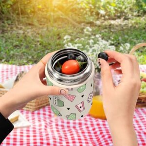 Coffee Cups with Green Pink Hearts on Gray Kids Womens Insulated Food Jar Containers with Spoon 17oz/500ml Food Jar Insulated Stainless Steel Vacuum Food Warmer Thermal Lunch for Insulated Hot Food