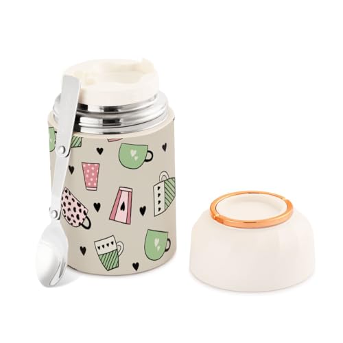 Coffee Cups with Green Pink Hearts on Gray Kids Womens Insulated Food Jar Containers with Spoon 17oz/500ml Food Jar Insulated Stainless Steel Vacuum Food Warmer Thermal Lunch for Insulated Hot Food