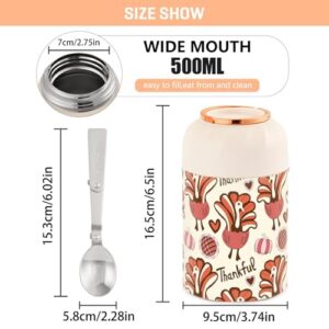 JUNZAN Cute with Turkey Pumpkin and Pie Kids Womens Insulated Food Jar with Spoon 17oz/500ml Kids Lunch Box Stainless Steel Vacuum Portable Soup Containers for Keep Food Warm