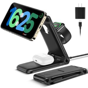 foldable 3 in 1 charging station for apple devices - magnetic wireless charging station - phone and watch charger stand for iphone 15/14/13/12/11 pro max/xr/ 8 plus and airpods iwatch (mag-safe)