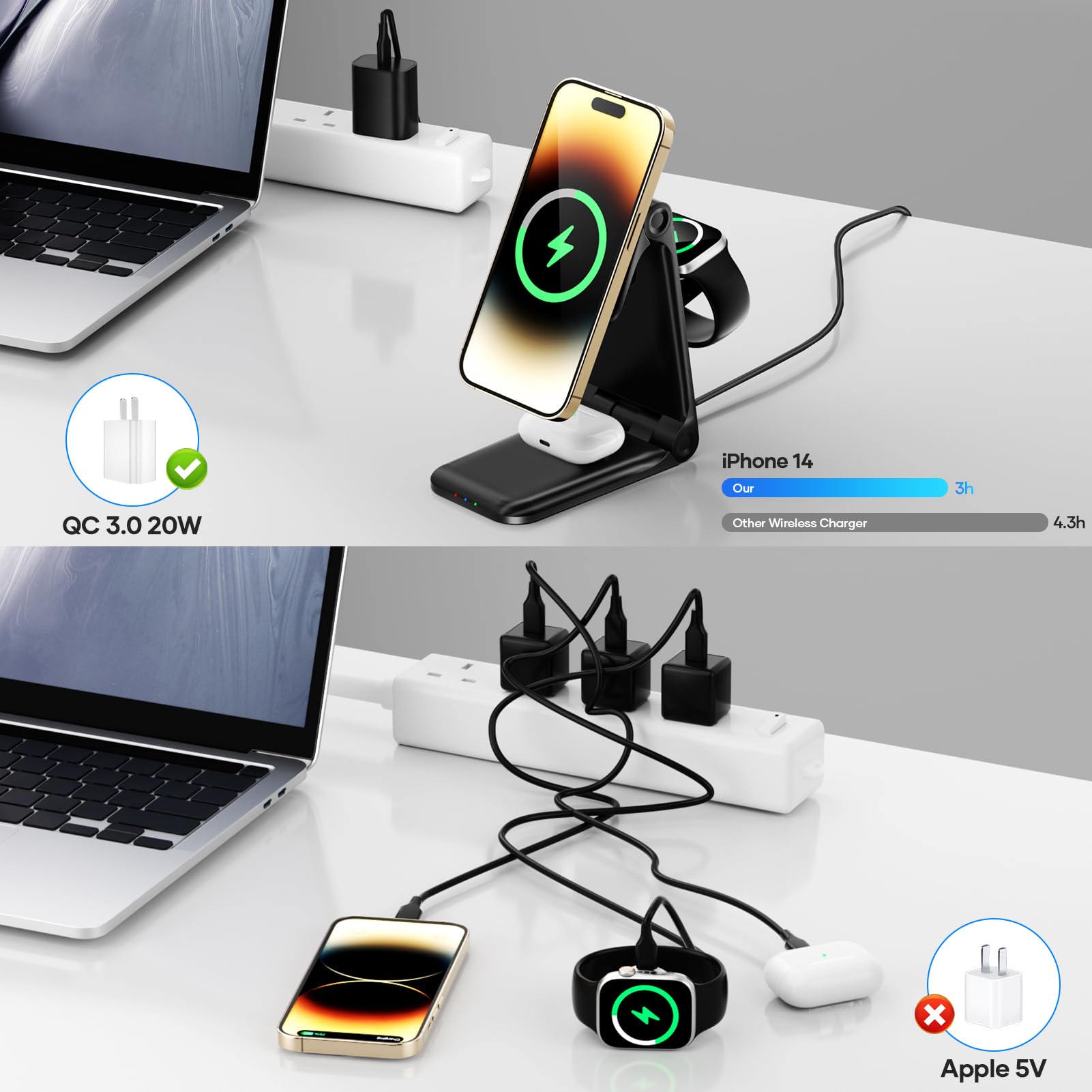 Foldable 3 in 1 Charging Station for Apple Devices - Magnetic Wireless Charging Station - Phone and Watch Charger Stand for iPhone 15/14/13/12/11 Pro Max/XR/ 8 Plus and Airpods iWatch (Mag-Safe)