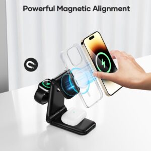 Foldable 3 in 1 Charging Station for Apple Devices - Magnetic Wireless Charging Station - Phone and Watch Charger Stand for iPhone 15/14/13/12/11 Pro Max/XR/ 8 Plus and Airpods iWatch (Mag-Safe)