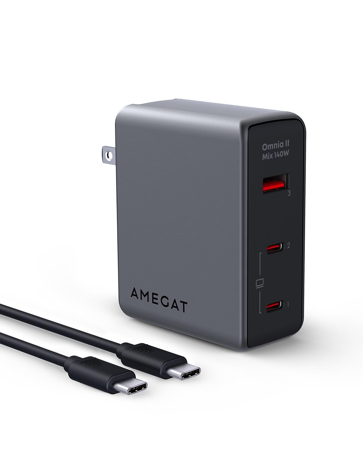 AMEGAT 140W USB C Charger, PD3.1 PPS 3-Port Fast GaN III Laptop Wall Charger, Foldable Plug Power Adapter for MacBook Pro 16'', Dell XPS, iPad Pro, iPhone 15 Pro, Galaxy, Chromebook(with 240W Cable)