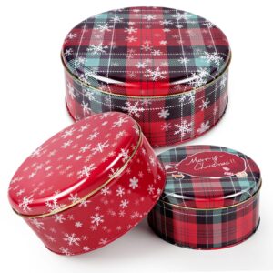 yeenoon 3 pack christmas cookie tins with lids, round sturdy gift tins, christmas baking cake container for storing patisseries, snack, chocolate, special christmas holidays gift
