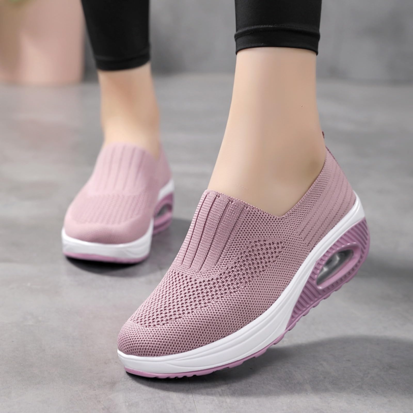 Myallfeet Women's Slip-on Air-Cushion Heightening Thick-Soled Sports and Casual Shoes Mesh Stretch Thick Soled Sneakers Casual Body Shaping Rocker Shoes (Pink,7)