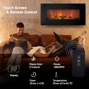 YUSING 36 inch Freestanding Electric Fireplace, Wall Mounted and Freestanding Fireplace Heater, 7 Flame Colors, Adjustable Temperature and Timer, 1500W Control by Touch Panel & Remote