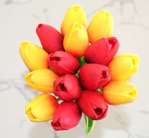 ooki 15pc multi color real touch latex tulip bundle artificial flower home wedding baby bridal garden decor decorations diy scrapbook craft tulips mixed centerpiece (red and yellow)