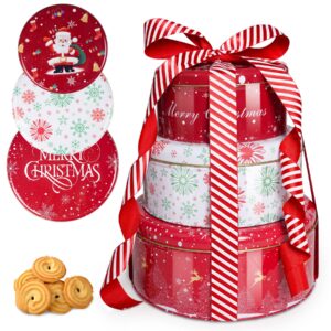 joycube cookie tins with lids, 3 pack christmas cookie tins with 16.5ft gift ribbon, festive cookie cake containers tins for gift giving & holiday treats, round metal nesting containers
