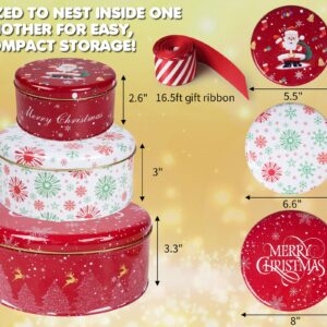 JOYCUBE Cookie Tins with Lids, 3 Pack Christmas Cookie Tins with 16.5ft Gift Ribbon, Festive Cookie Cake Containers Tins for Gift Giving & Holiday Treats, Round Metal Nesting Containers