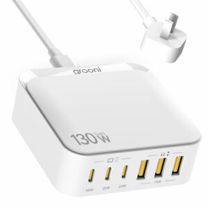 usb c charger block, 6 ports fast wall charger, 130w gan iii charging station with pd 45w, dual pd 20w, 3 usb-a, 3 usb-c, qc, pps, 6ft cord, compatible with iphone, galaxy, pixel, macbook air white
