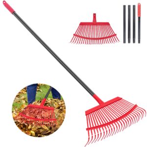 garden leaf rake with 60 inch adjustable long steel handle, 11 metal tines 8.8" wide garden rake for lawns shrub debris and flower beds