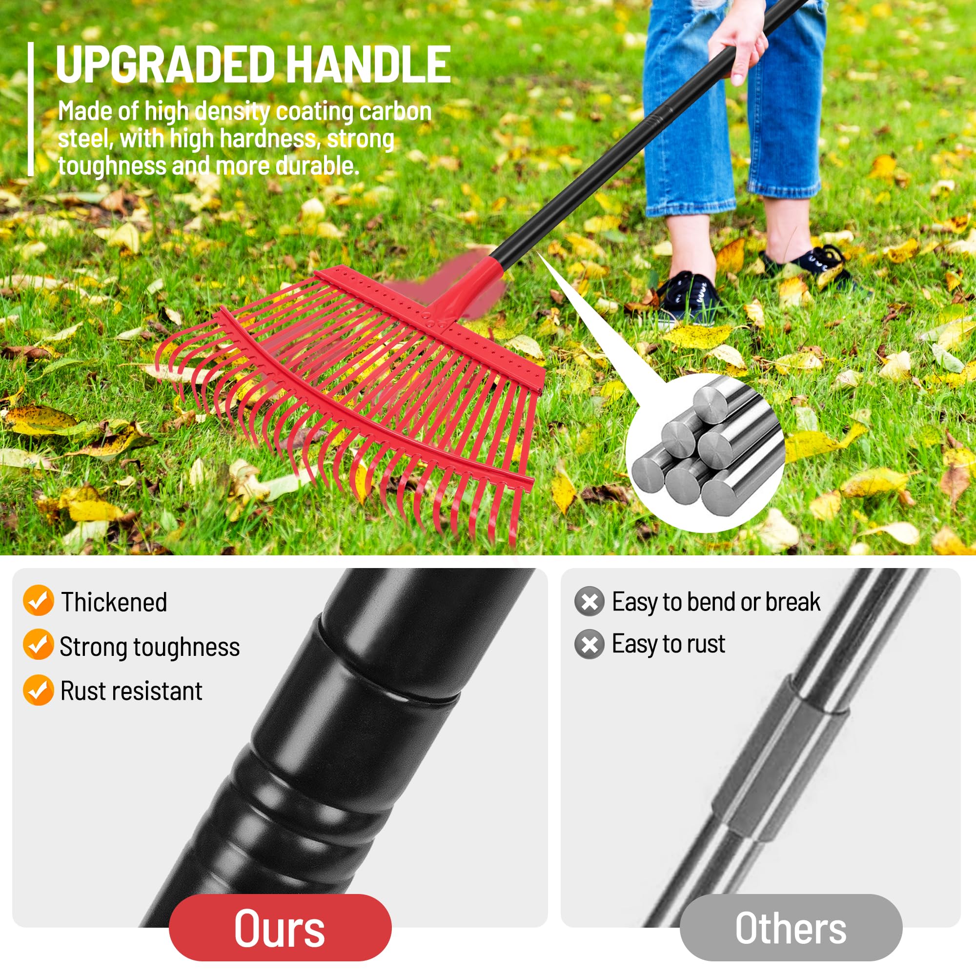 Garden Leaf Rake with 60 Inch Adjustable Long Steel Handle, 11 Metal Tines 8.8" Wide Garden Rake for Lawns Shrub Debris and Flower Beds