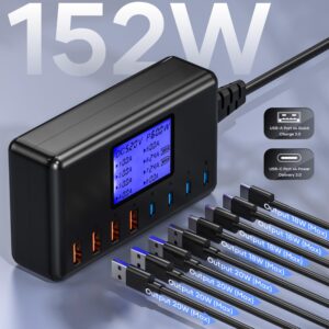 152W USB Charging Station, 8-Port Desktop USB C Charger Station, 20W 4xUSB-C Charger & 18W 4xUSB-A Multiple USB Charging Hub Compatible with iPhone 15/14/13 Pro/Max, iPad, Samsung Galaxy Note S23