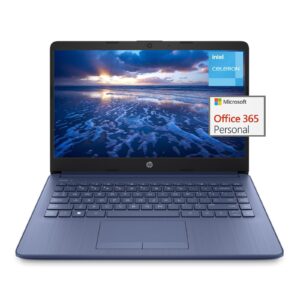 hp 14" laptop for student and business - hd display, intel quad-core processor, 4gb ram, 64gb emmc, ‎intel uhd graphics 600, wi-fi, bluetooth, webcam, windows 11 home in s mode, blue
