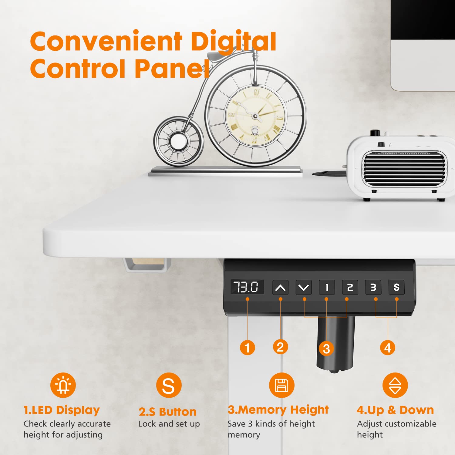 Sweetcrispy Height, 55 x 24 Inchs Electric 3 Memory Presets Adjustable Stand T-Shaped Bracket, Ergonomic Computer Desk for Home Office, White, 23.62"D x 55.12"W x 30"H