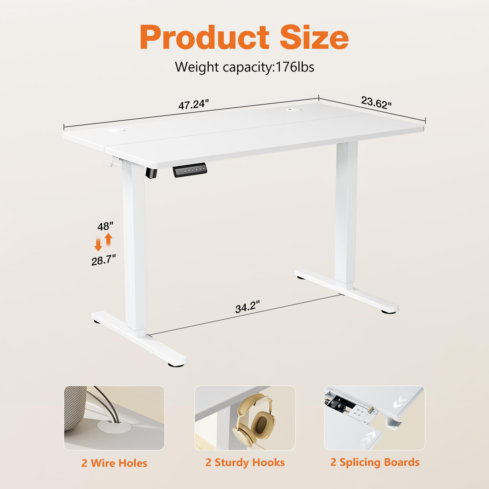 Sweetcrispy Standing Desk Adjustable Height, 48inch Electric Sit Stand up Desk for Home Office, Modern Rising Work Table for Computer Laptop, Lift Gaming Desk Sturdy Ergonomic Workstation, White