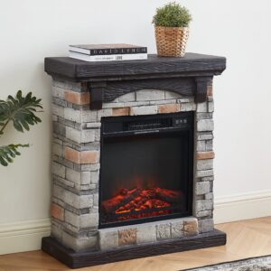 edwin's choice electric fireplace with mantel, 28”w faux-stone fireplace mantel，freestanding fireplace, realistic flame effect and 3d log, room heater 28”wx11”dx31”h gray