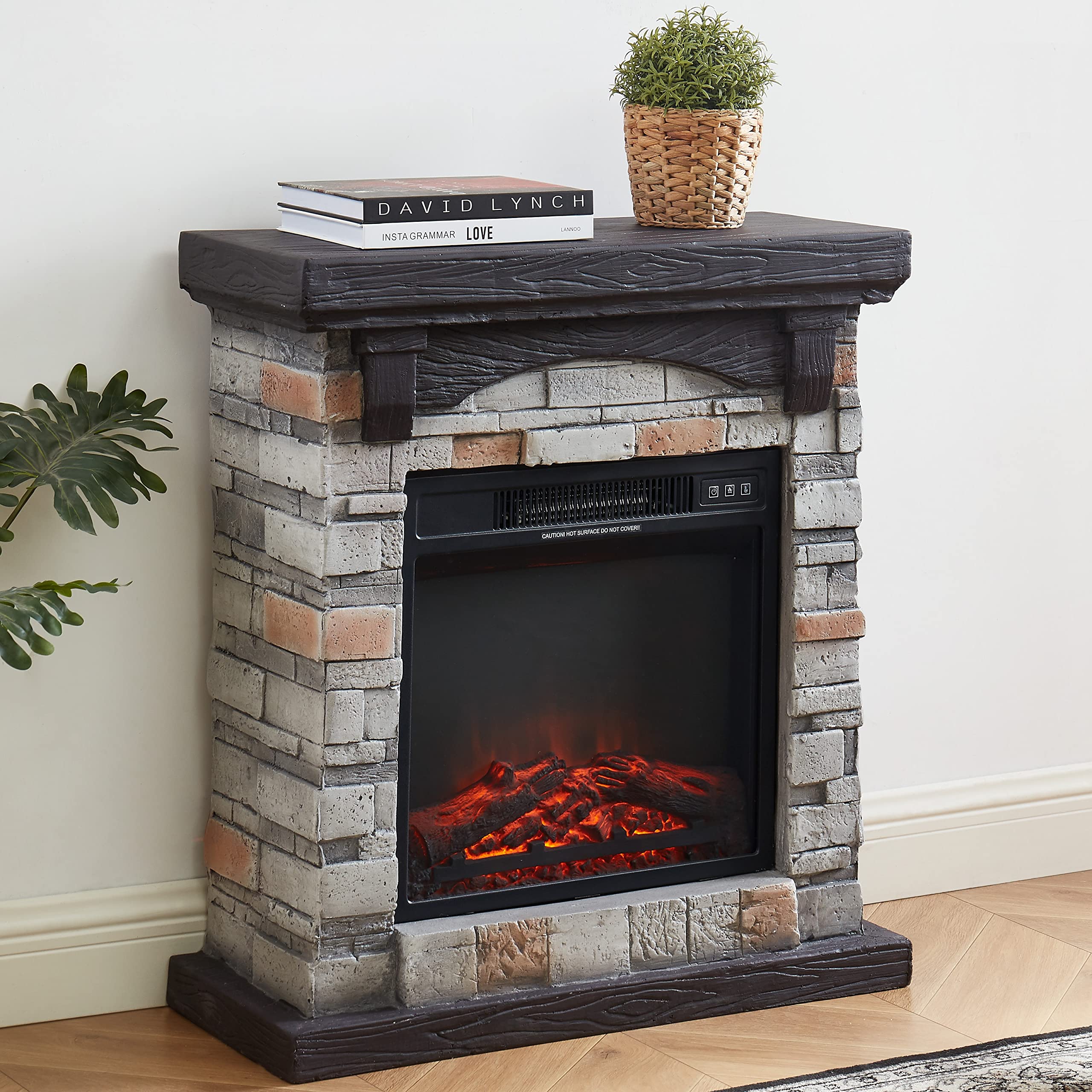 Edwin's Choice Electric Fireplace with Mantel, 28”W Faux-Stone Fireplace Mantel，Freestanding Fireplace, Realistic Flame Effect and 3D Log, Room Heater 28”Wx11”Dx31”H Gray