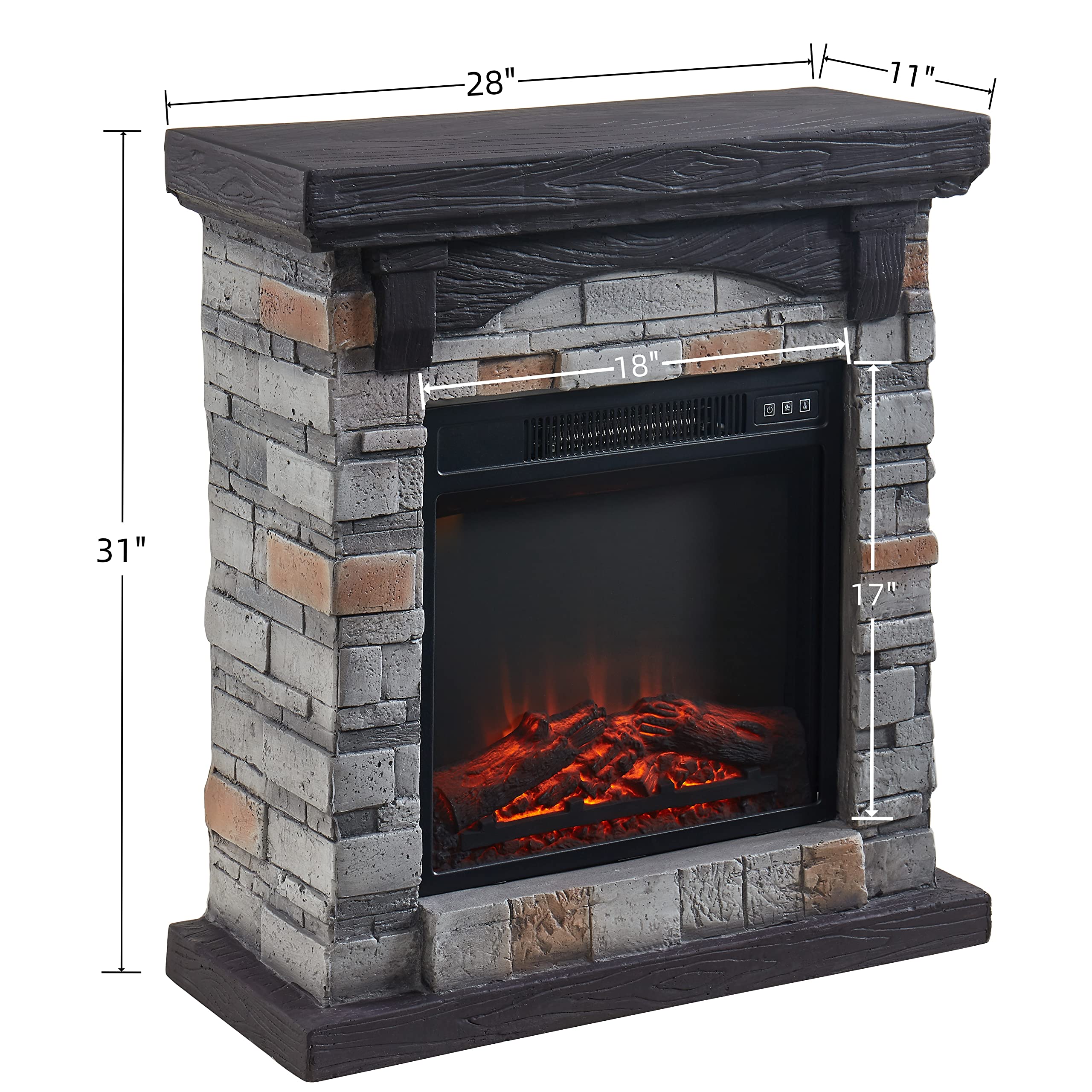 Edwin's Choice Electric Fireplace with Mantel, 28”W Faux-Stone Fireplace Mantel，Freestanding Fireplace, Realistic Flame Effect and 3D Log, Room Heater 28”Wx11”Dx31”H Gray