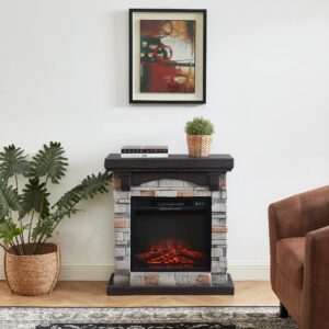 Edwin's Choice Electric Fireplace with Mantel, 28”W Faux-Stone Fireplace Mantel，Freestanding Fireplace, Realistic Flame Effect and 3D Log, Room Heater 28”Wx11”Dx31”H Gray