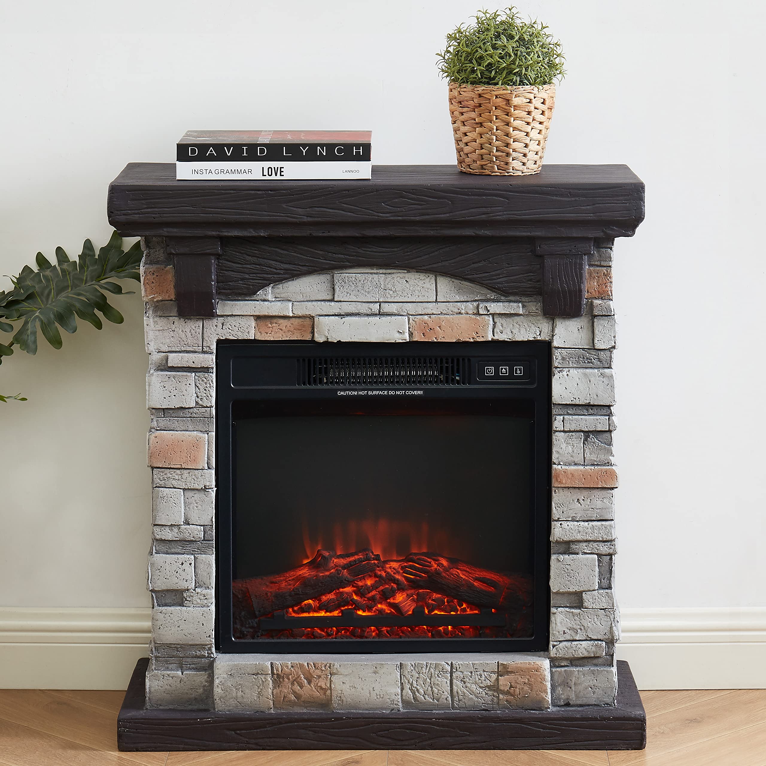 Edwin's Choice Electric Fireplace with Mantel, 28”W Faux-Stone Fireplace Mantel，Freestanding Fireplace, Realistic Flame Effect and 3D Log, Room Heater 28”Wx11”Dx31”H Gray