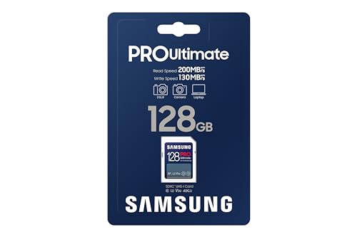 SAMSUNG PRO Ultimate Full Size 128GB SDXC Memory Card, Up to 200 MB/s, 4K UHD, UHS-I, C10, U3, V30, A2, for DSLR, Mirrorless Cameras, PCs, MB-SY128S/AM