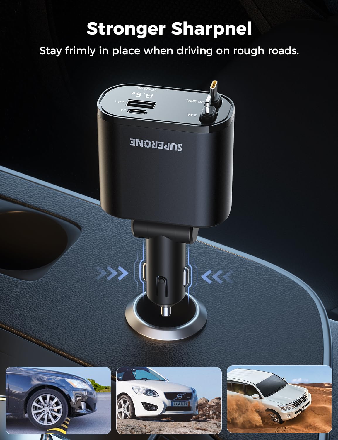 【Upgraded】 SUPERONE Retractable Car Charger 4 in 1, Fast Car Phone Charger with Cord 2.6ft, USB C and Lightning Car Charger Adapter, Compatible with iPhone 15/15 Pro Max/14/13/12/11, Galaxy, Pixel