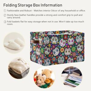 Halloween Sugar Skull Floral Storage Basket Bins Foldable Toy Baskets Organization with Handles Laundry Hamper for Playroom Living Bed Room Office Clothes Nursery,1 pcs