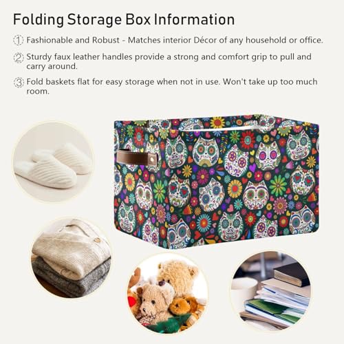 Halloween Sugar Skull Floral Storage Basket Bins Foldable Toy Baskets Organization with Handles Laundry Hamper for Playroom Living Bed Room Office Clothes Nursery,1 pcs