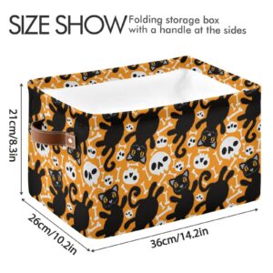 Halloween Black Cat Skulls Storage Basket Bins Decorative Toy Laundry Basket Organization with Handles for Living Room Clothes Nursery Closet Shelf Playroom,1 pcs