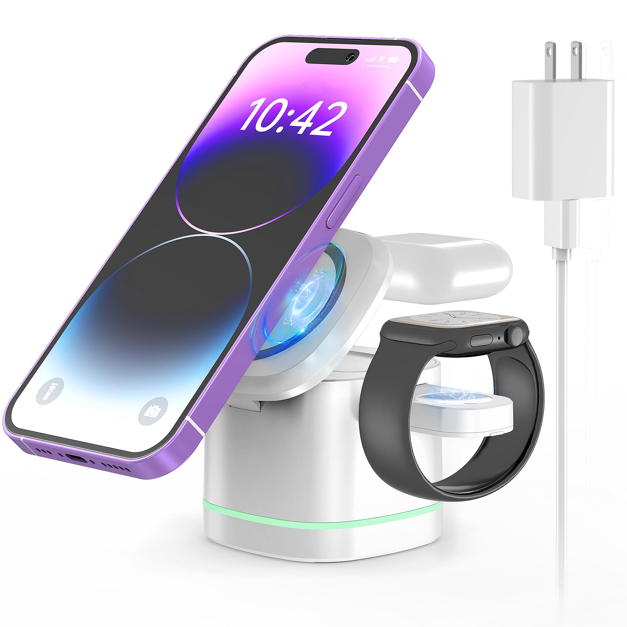 Gonat 3 in 1 Magnetic Wireless Charger for Apple Devices, Portable Wireless Charging Station Suitable for Airpods Series, Compatible with iWatch Series, Phone Holder for iPhone 15/14/13/12 Series