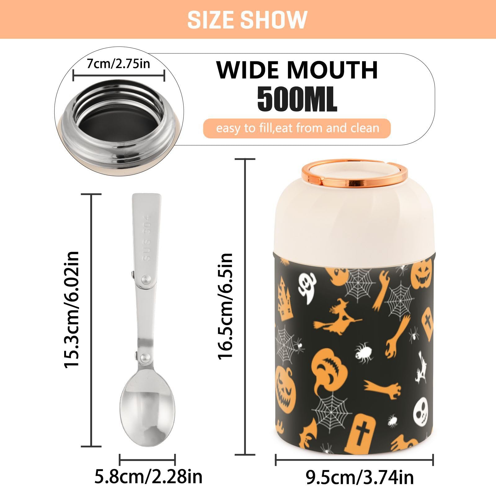 Halloween Symbol Kids Womens Insulated Food Jar Container with Spoon 17oz/500ml Insulated Lunch Box Stainless Steel Vacuum Portable Insulated Containers for Hot/Cold Food