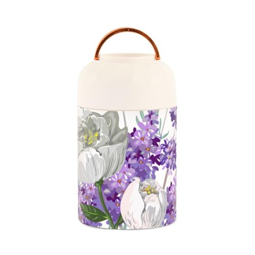 Lavender Peony Bouquet Kids Womens Food Insulated Jar with Spoon 17oz/500ml Containers With Lids Stainless Steel Vacuum Wide Mouth Storage Containers for Keep Food Hot