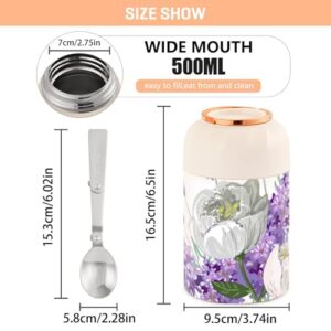 Lavender Peony Bouquet Kids Womens Food Insulated Jar with Spoon 17oz/500ml Containers With Lids Stainless Steel Vacuum Wide Mouth Storage Containers for Keep Food Hot