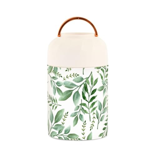 Watercolor Green Leafs Kids Womens Insulated Food Jar Containers with Spoon 17oz/500ml Insulated Lunch Containers Stainless Steel Vacuum Food Warmer Storage Containers for Hot/Cold Food