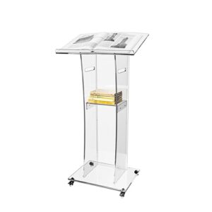 acrtmatic acrylic clear rolling wheel podium stand, 47-inch modern lectern & podium with storage shelf for church, speech，classroom, wedding, concert. (23.6" l x 15.7" w x 47.2" h)