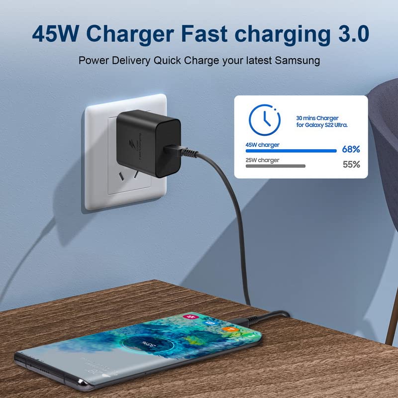 45W Samsung USB-C Super Fast Charger Type C Android Phone Fast Charger with Type C Wall Charger Block and 6FT Fast Charging Cable for Samsung Galaxy S23 Ultra, S23+/S23/S22/S21/S20/Note 20/Note 10