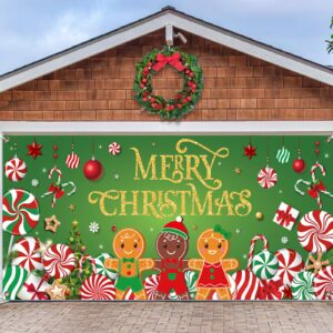 christmas candy garage door decoration merry christmas garage door banner cover peppermint candy cane gingerbread man garage backdrop for xmas eve holiday outdoor wall decor, 7 x 16 ft