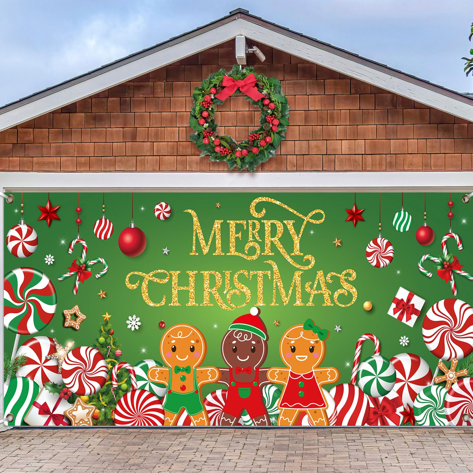 Christmas Candy Garage Door Decoration Merry Christmas Garage Door Banner Cover Peppermint Candy Cane Gingerbread Man Garage Backdrop for Xmas Eve Holiday Outdoor Wall Decor, 7 x 16 ft