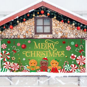 Christmas Candy Garage Door Decoration Merry Christmas Garage Door Banner Cover Peppermint Candy Cane Gingerbread Man Garage Backdrop for Xmas Eve Holiday Outdoor Wall Decor, 7 x 16 ft