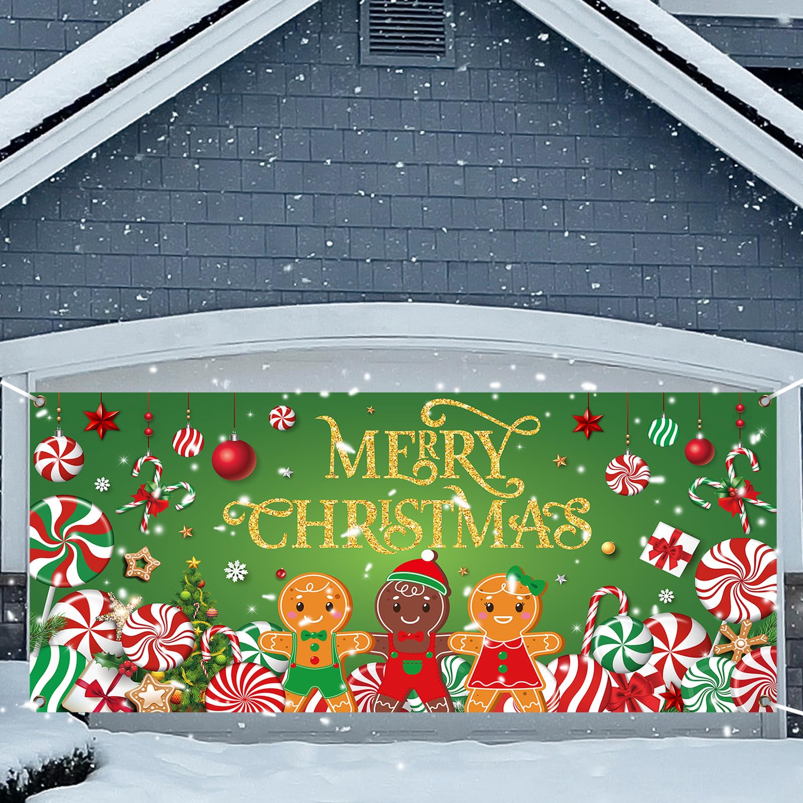 Christmas Candy Garage Door Decoration Merry Christmas Garage Door Banner Cover Peppermint Candy Cane Gingerbread Man Garage Backdrop for Xmas Eve Holiday Outdoor Wall Decor, 7 x 16 ft