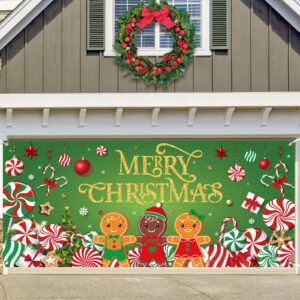 Christmas Candy Garage Door Decoration Merry Christmas Garage Door Banner Cover Peppermint Candy Cane Gingerbread Man Garage Backdrop for Xmas Eve Holiday Outdoor Wall Decor, 7 x 16 ft