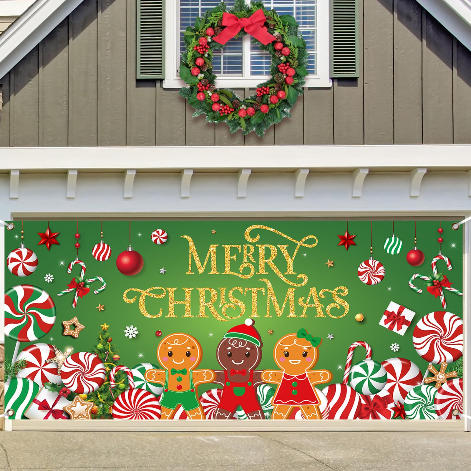 Christmas Candy Garage Door Decoration Merry Christmas Garage Door Banner Cover Peppermint Candy Cane Gingerbread Man Garage Backdrop for Xmas Eve Holiday Outdoor Wall Decor, 7 x 16 ft