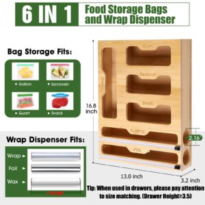 HEROPIE 6 IN1 Bamboo Foil and Plastic Wrap Dispenser with Cutter for Kitchen Drawer, Storage Bag Organizer, Compatible with Gallon, Quart, Sandwich and Snack Variety Size Bags (Bamboo)