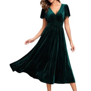 Ever-Pretty Women's Short Sleeve V Neck A Line Velvet Midi Dress Bridesmaid Cocktail Party Dresses Deep Green US6