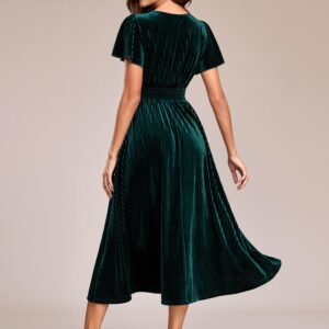 Ever-Pretty Women's Short Sleeve V Neck A Line Velvet Midi Dress Bridesmaid Cocktail Party Dresses Deep Green US6